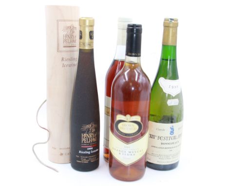 Mix alcohol; including Brown Brother's 2004 Orange Muscat & Flora, The Society's Exhibitions Cognac, Henry of Pelham Riesling