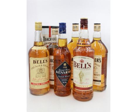 Six bottles of blended Scotch whisky, comprising three bottles of Teachers highland cream, two Bells and Kenmore special rese