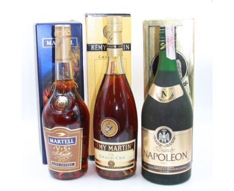 Mixed alcohol; Napoleon V.S.O.P brandy, Remy Martin V.S Grand Cru cognac and Martel VS cognac, various contents and proof (3)
