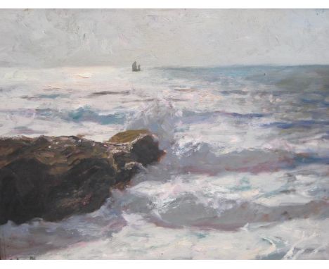 JULIUS OLSSON R.A. (1864-1942). Breakers on a Shore, signed, 'Julius Olsson' (lower left) and inscribed to 'R.J.S.', oil on p