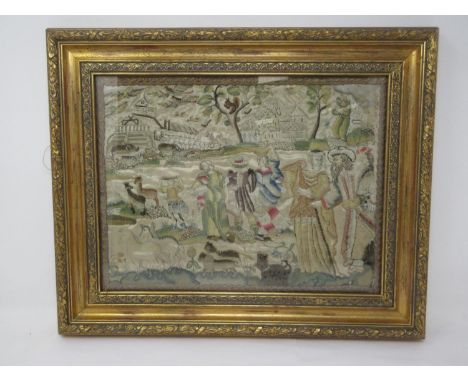 A late 17th Century needlework Embroidery of Noah's Ark with Noah, his wife and sons walking towards the ark with numerous pa