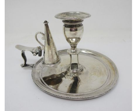 A George III silver Chamber Candlestick and Snuffer, beaded rim engraved initials, London 1784, maker: Edward Jay, repaired 