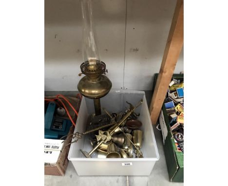 A brass oil lamp (no shade) &amp; a box of brassware/metal ware