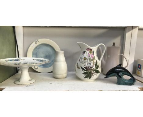 A Poole pottery plate, vase, dolphin, coffee pot, Port Merion jug &amp; an Aynsley plate