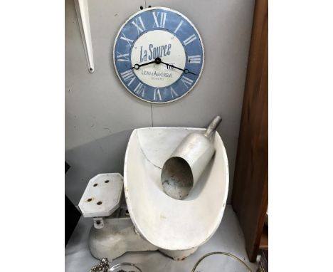 A vintage scales &amp; scoop (no weights) &amp; a French tin plate clock