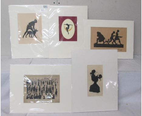 Collection of 5 19th century and later silhouettes, prints and watercolours mostly signed including portrait, art deco dancin