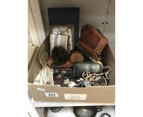 A box of miscellaneous including tins, razors &amp; harmonica etc.