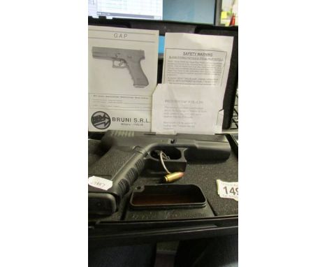 A boxed Stalina pistol in case, Bruni Mod Gap, gauge 8mm k-9mm, Pack of blank cartridges. ****Condition report**** Magazine r