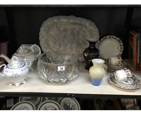 A large blue 7 white platter, large cut glass bowl &amp; tea ware etc.