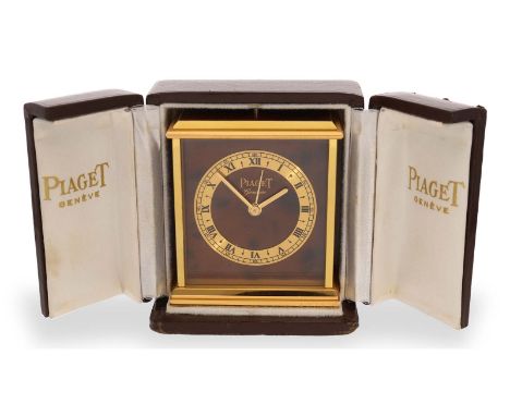 Tischuhr: dekorative vintage Piaget Tischuhr/Reiseuhr, mit Alarm, Originalbox, Chinalack, 50er Jahre: Ca.70 × 64 × 34mm, Mess