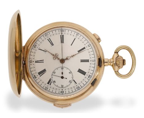 Taschenuhr: schwere, besonders große Goldsavonnette mit Chronograph und Repetition, Invicta um 1900: Ca. Ø 58mm, ca. 122g, 14