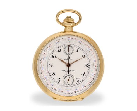 Taschenuhr: rares Omega Chronotachymeter mit Muticolour-Tachymeterskala, seltene Ausführung in 18K Gold: Ca. Ø 50mm, ca. 88g,