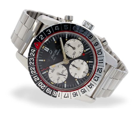 Armbanduhr: gesuchter Chronograph, "ENICAR SHERPA300 JET GRAPH REF.072-02-02", 60er Jahre: Ca. Ø 40mm, Edelstahl, drehbare 24