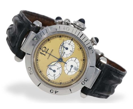 Armbanduhr: Cartier Chronograph "Pasha": Ca. Ø 38,5mm, Edelstahl, verschraubt, Krone und Drücker mit Saphiren besetzt, drehba