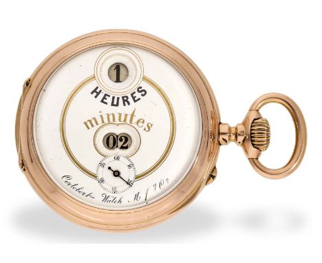 Taschenuhr: digitale Taschenuhr Patent Pallweber in der seltenen Goldausführung, ca. 1885: Ca. Ø 51mm, ca. 103 g, 18K Roségol