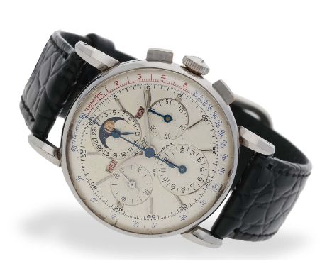 Armbanduhr: extrem rare Schweizer Schuluhr, Basis Universal Tricompax, 1950/1990: Ca. Ø 35mm, Edelstahl, Saphirboden, Handauf