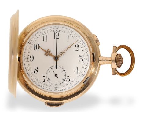 Taschenuhr: große und schwere rotgoldene Savonnette mit Repetition und Chronograph, Invicta um 1905: Ca. Ø 58,5mm, ca. 113g, 
