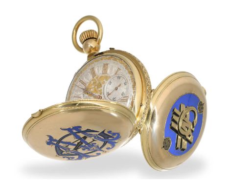 Taschenuhr: hochinteressantes Guinand Chronometer mit Gold/Emaille-Gehäuse, ca. 1865: Ca.Ø 55mm, ca. 188g, extrem schweres un