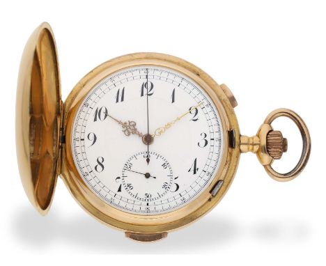 Taschenuhr: sehr große rotgoldene Savonnette mit Repetition und Chronograph, Schweiz um 1900: Ca. Ø 57mm, ca. 114g, 18K Gold,