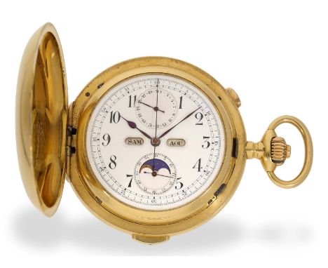 Taschenuhr: extrem schwere, astronomische Goldsavonnette mit Goldkette, 299g !!!, um 1900: Ca. Ø 63mm, ca. 261g, 18K Gold, Sa