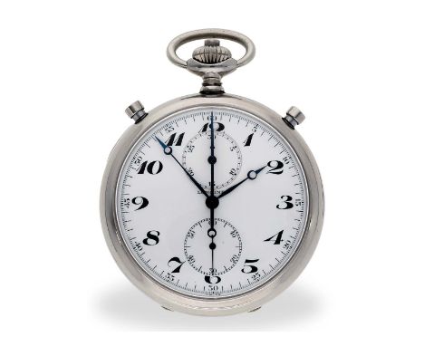 Taschenuhr: rarer Longines Split-Seconds Chronograph in Stahl, ca. 1945: Ca. Ø 52mm, ca. 96g, Edelstahl, Scharnierboden mit S