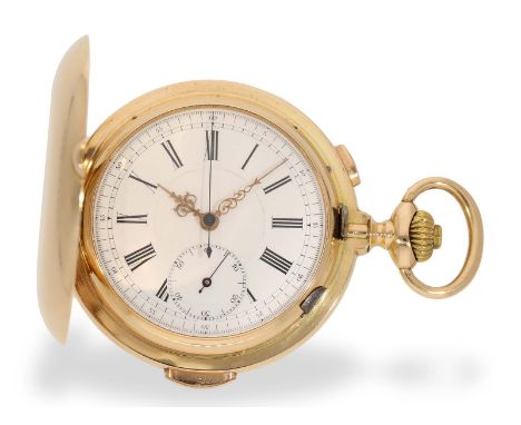 Taschenuhr: feine Schweizer Goldsavonnette mit Minutenrepetition und Chronograph, ca. 1900: Ca. Ø 54 mm, ca. 108g, 14K Gold, 