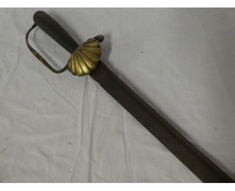 An 18th Century hunting sword with single edged curved blade, stamped "Colley &amp; Co", brass shell guard and horn grip