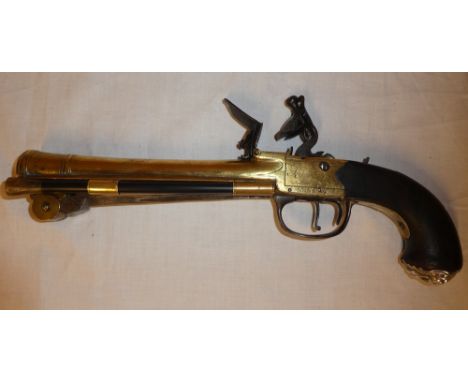 A rare 18th Century flintlock brass barrelled blunderbuss pistol with spring bayonet by Waters &amp; Co circa 1780, probably 