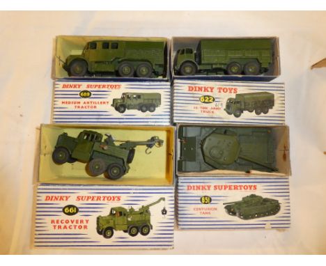 Dinky Supertoys - four boxed military vehicles including 661 recovery tractor; 622 10-ton Army truck; 651 centurion tank and 