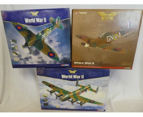 Three mint &amp; boxed Corgi Aviation Archive 1:32 scale aircraft including Avro Lancaster, Hawker Hurricane &amp; Supermarin