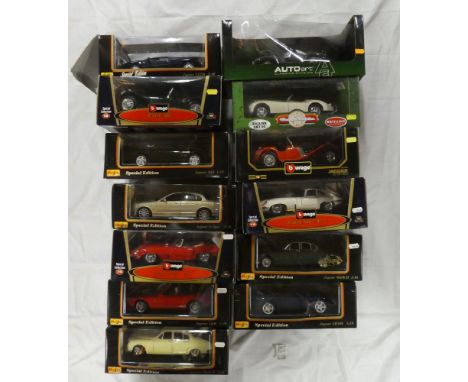 Fourteen mint &amp; boxed die-cast vehicles of Jaguars, mainly 1:18 scale by Maisto, Burago and others including Jaguar XK8, 