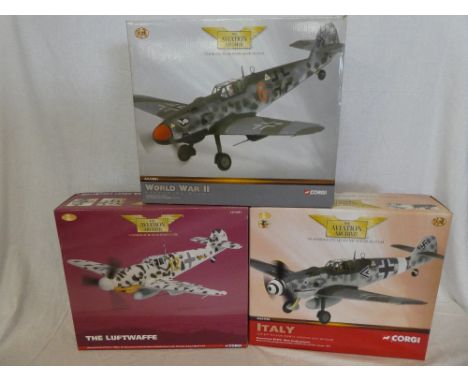 Three mint &amp; boxed Corgi Aviation Archive 1:32 scale aircraft including Messerschmitt DF109G in three various styles