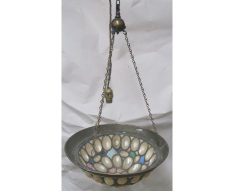 AN ARTS AND CRAFTS CEILING LIGHT the bowl made from shells and leaded glass with a copper rim, 41cm diameter Condition Report