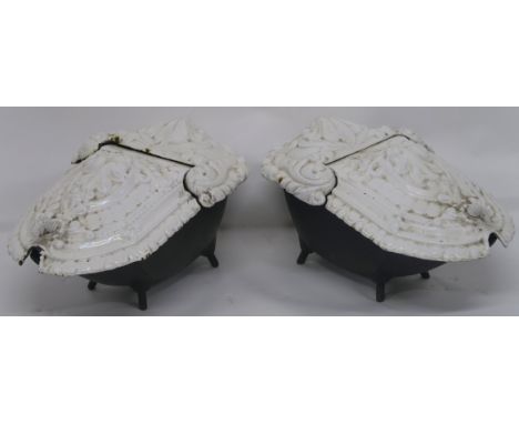 A PAIR OF VICTORIAN CAST IRON COAL DEPOTS WITH WHITE ENAMEL LIFT LIDS 16cm high x 34cm wide x 54cm deep (2) Condition Report: