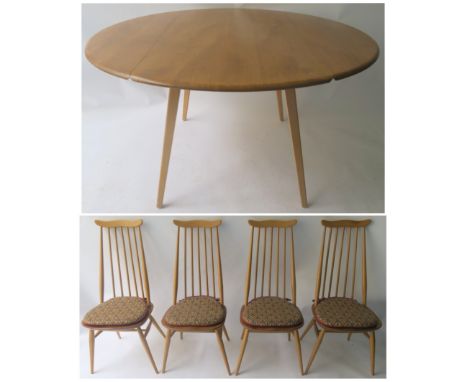 AN ERCOL DROP LEAF TABLE, 72cm high x 124cm wide x 113cm deep with four Goldsmith dining chairs, 97cm high (5) Condition Repo