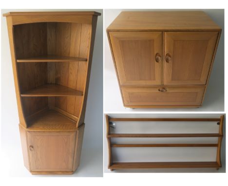 AN ERCOL CORNER CABINET, with open shelves over single door, 180cm high x 77cm wide x 42cm deep, a TV cabinet with two doors 