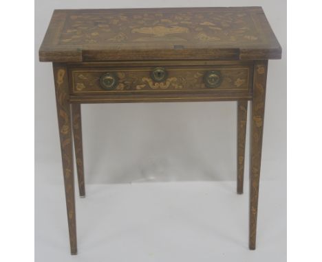 A SMALL DUTCH MARQUETRY FOLD OVER CARD TABLE, the top inlaid with a vase with flowers and butterflies with single drawer with