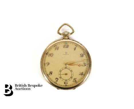 A gentleman's 14ct gold Omega slim dress pocket watch. The watch having a 50mm case with a gold-effect face with gold Arabic 