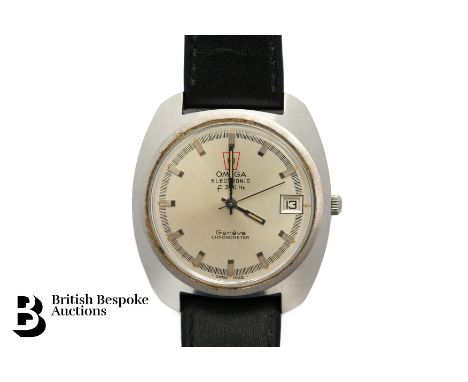 Gentleman's stainless steel Omega electronic f300 Hz chronometer wrist watch, having silvered face with chrome baton markers 