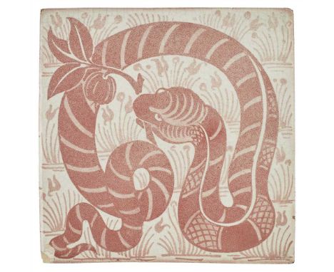 WILLIAM DE MORGAN (1839-1917) RUBY LUSTRE GLAZED TILE, CIRCA 1890 depicting a serpent with an apple branch, stamped marks for