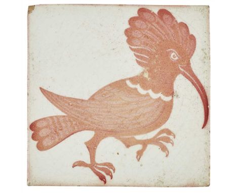 WILLIAM DE MORGAN (1839-1917) 'HOOPOE' RUBY LUSTRE GLAZED TILE, 1881-1887 stamped marks for Merton Abbey (Dimensions: 15.6cm 