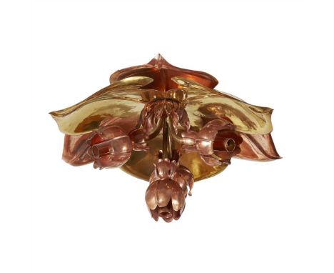 MANNER OF WILLIAM ARTHUR SMITH BENSON ARTS &amp; CRAFTS BRASS AND COPPER CEILING LIGHT, CIRCA 1900 the leafy copper and brass
