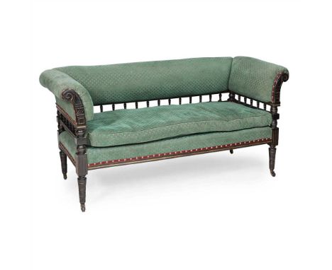 MANNER OF BRUCE J. TALBERT GOTHIC REVIVAL EBONISED AND GILT EMBELLISHED SETTEE, CIRCA 1870 the scrolled and upholstered back 