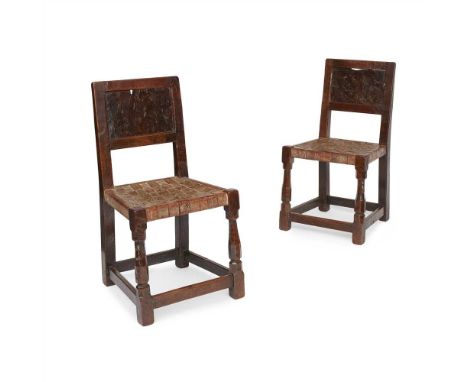 ROBERT 'MOUSEMAN' THOMPSON (1876-1955) PAIR OF EARLY OAK AND BURR OAK SIDE CHAIRS, 1930S each with burr oak back panels and l