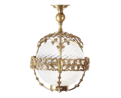 MANNER OF WILLIAM ARTHUR SMITH BENSON BRASS FRAMED CEILING LIGHT, CIRCA 1900 the frame cast with leaves and enclosing a later