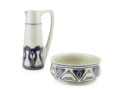 ATTRIBUTED TO PETER BEHRENS JUGENDSTIL STONEWARE EWER AND SMALL BASIN, EARLY 20TH CENTURY each glazed in green and blue with 