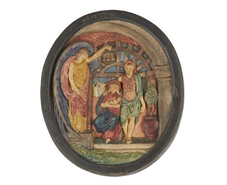 COMPTON POTTERS' ART GUILD OVAL POTTERY WALL PLAQUE OF THE NATIVITY, CIRCA 1920 painted in tempera, impressed maker's marks (