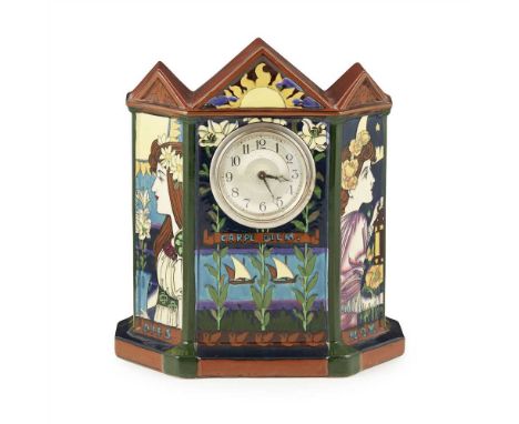 FREDERICK ALFRED RHEAD (1856–1933) FOR WILEMAN &amp; CO. FOLEY 'INTARSIO' TABLE CLOCK, CIRCA 1900 the later dial and movement