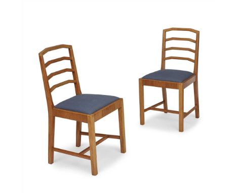 HEAL &amp; SONS, LONDON PAIR OF OAK SIDE CHAIRS, CIRCA 1930 each with ladder back above later upholstered seat covers, raised