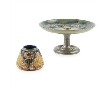 WILLIAM MOORCROFT (1872-1945) FOR LIBERTY &amp; CO., LONDON  ‘LATE FLORIAN’ PEWTER MOUNTED TAZZA, CIRCA stamped maker’s marks